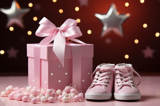 Composición temática de bebé Caja de regalo de calcetines pequeños de fondo rosa y espacio para mensajes