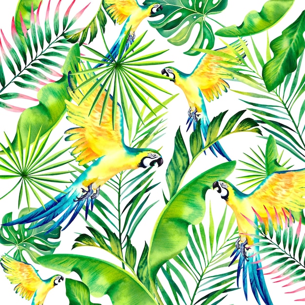 Una composición tropical de ramas de palma y un loro guacamayo amarillo Ilustración de acuarela Aves exóticas Monstera Hojas de plátano