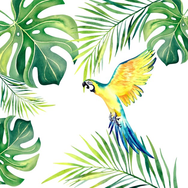 Foto una composición tropical de ramas de palma y un loro guacamayo amarillo ilustración de acuarela aves exóticas monstera hojas de plátano