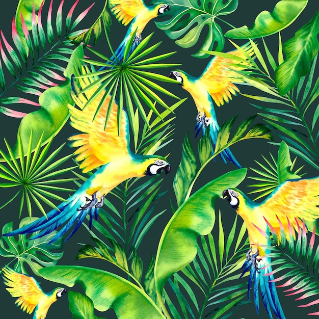 Una composición tropical de ramas de palma y un loro macaw amarillo Ilustración en acuarela Aves exóticas Monstera Hojas de plátano