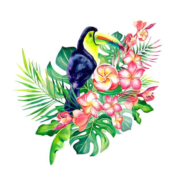 Una composición con un tucán arco iris sobre un fondo aislado Un pájaro exótico Los trópicos Monstera rama de palma plumeria Ilustración acuarela