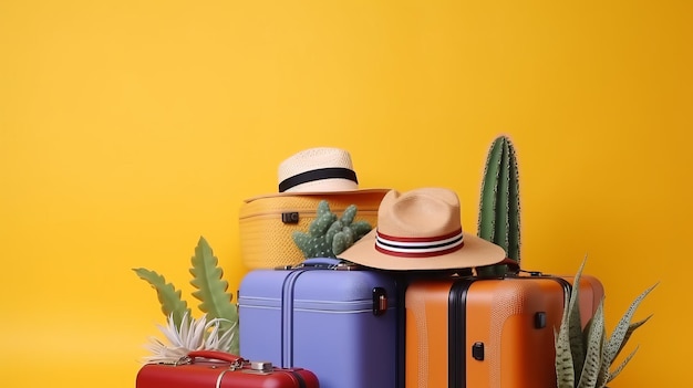 Una composición para turismo con maletas de viaje mumka y sombrero de verano y plantas de interior Generado por IA