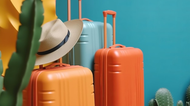 Una composición para turismo con maletas de viaje mumka y sombrero de verano y plantas de interior Generado por IA