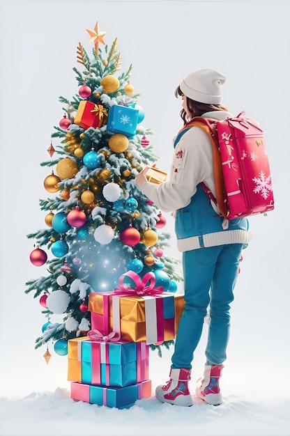 Composición de vacaciones de invierno de Navidad sobre un fondo blanco Regalos coloridos Árbol de Navidad