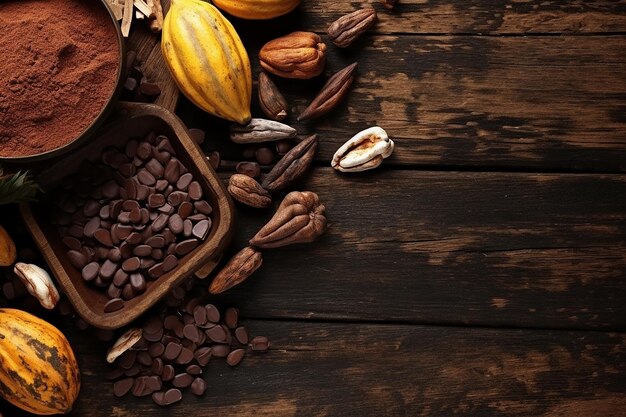 Composición con vaina de cacao y productos sobre fondo de madera