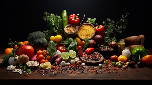 Composición con variedad de ingredientes de alimentos vegetarianos