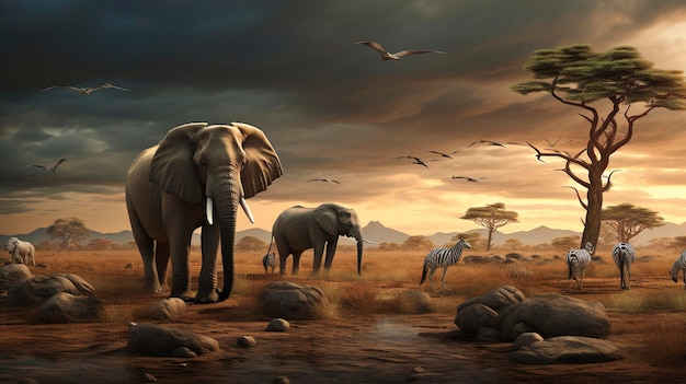 Una composición con varios animales en un safari africano.