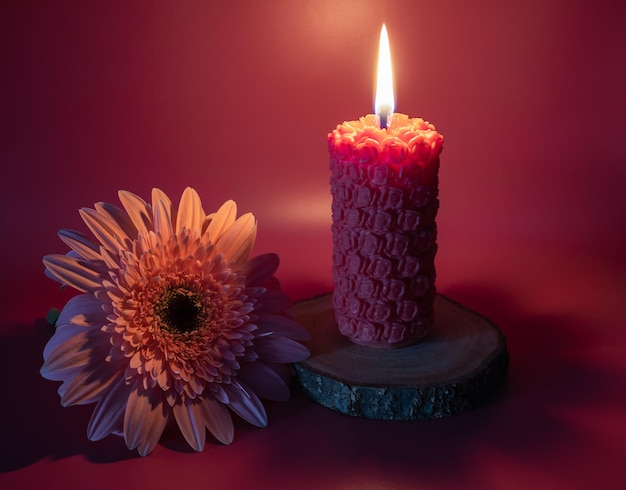 Composición con vela y flor de gerbera en tonos rojos