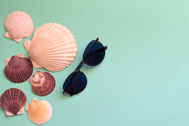 Composición de verano con gafas de sol y conchas de vieira japonesa