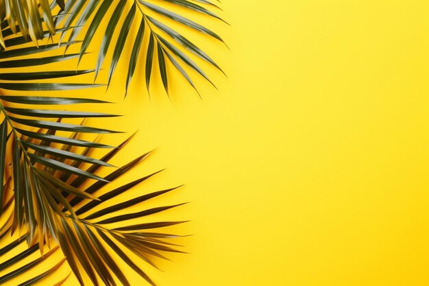 Composición de verano Hojas de palma tropicales en fondo amarillo Concepto de verano Vista superior plana