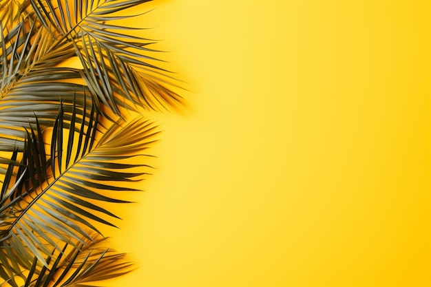 Composición de verano Hojas de palma tropicales en fondo amarillo Concepto de verano Vista superior plana