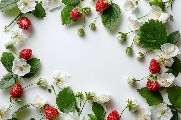 Foto composición de verano marco hecho de flores blancas y fresas sobre fondo blanco vista superior