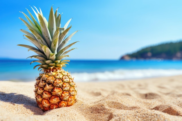 Composición de verano en la playa de arena con mar azul de piña como fondo con espacio de copia