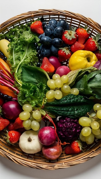 Composición con verduras y frutas aisladas en cestas de mimbre