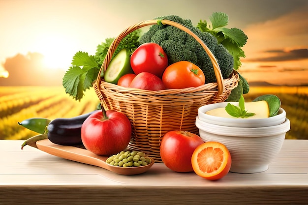 Composición con verduras y frutas en cesta de mimbre aislado en blanco