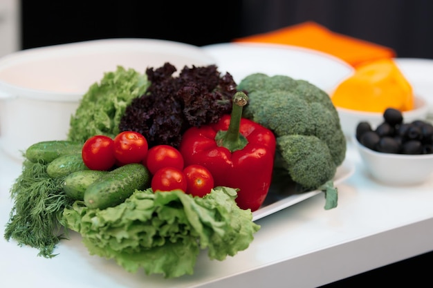 La composición de las verduras en el plato es brócoli tomates cherry pimientos pepinos