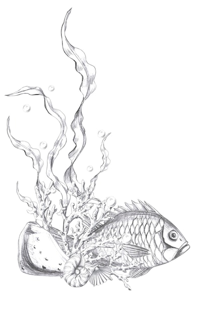 Composición vertical con peces, algas marinas y corales aislados Ilustración gráfica a lápiz para postales