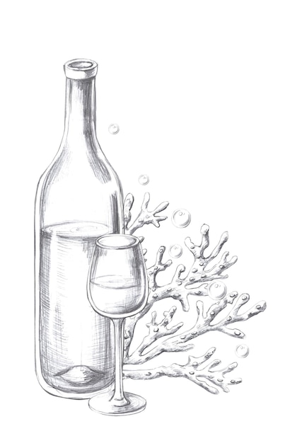 Composición vertical con vidrio de botella de vino y corales aislados ilustración gráfica de lápiz para