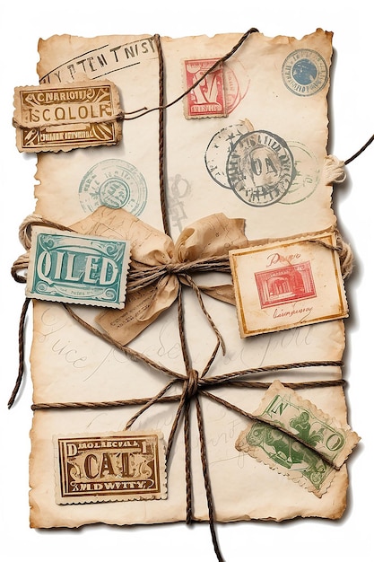 Foto composición vintage de acuarela con letras vintage viejas de color beige con sellos y marcas atadas con cuerda aislada sobre fondo blanco
