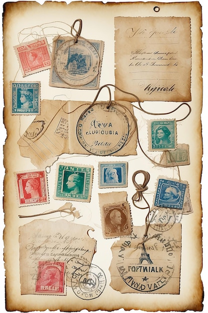 Composición vintage de acuarela con letras vintage viejas de color beige con sellos y marcas atadas con cuerda aislada sobre fondo blanco