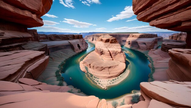 Una composición de una vista fascinante de un cañón con un río que lo atraviesa