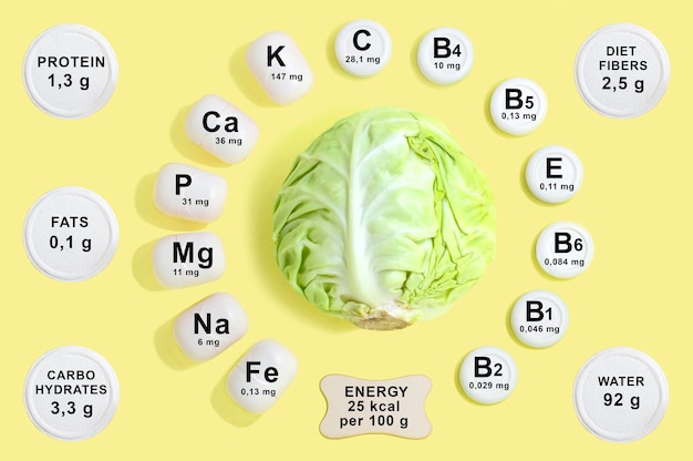 Composición de vitaminas y minerales en la col blanca