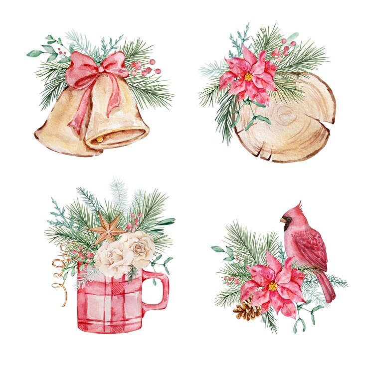 Foto composiciones navideñas en acuarela con vegetación de invierno