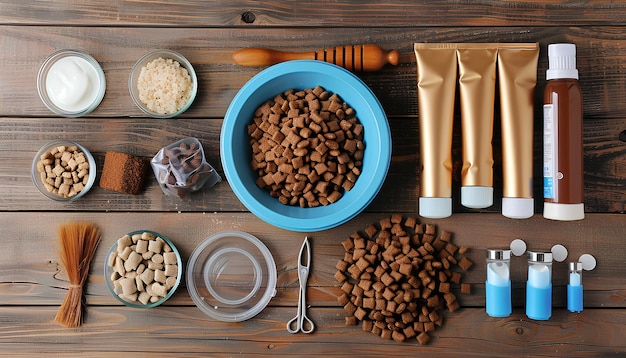 Foto composition with bowl of wet food and pet care accessories on wooden background