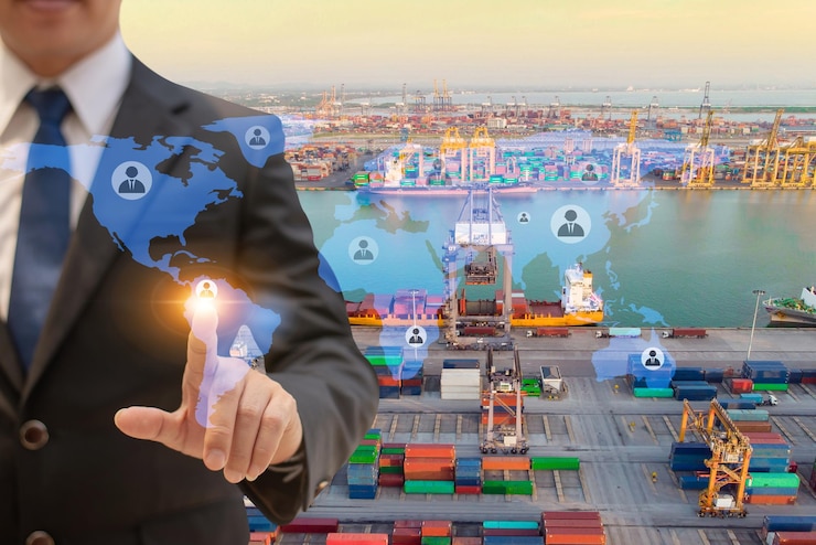 Foto compósito digital de um empresário com um porto