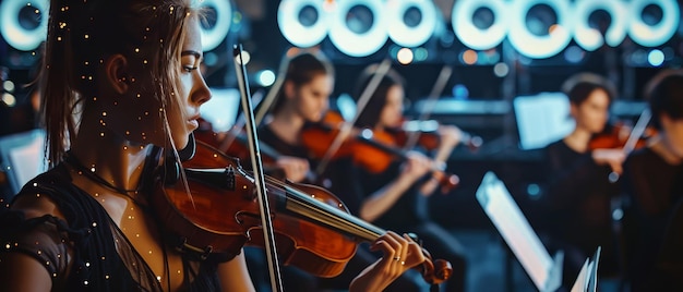 Compositor de IA creando una sinfonía con instrumentos de varias épocas una mezcla de sonidos históricos y futuristas