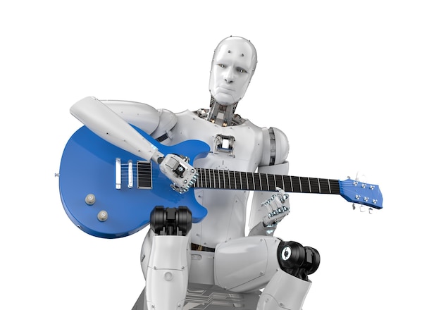 Compositor o generador de música ai con robot que toca la guitarra.