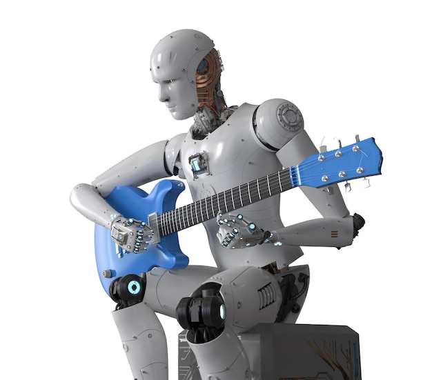 Compositor o generador de música ai con robot que toca la guitarra.