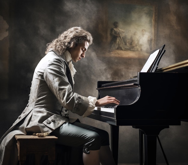 Compositor pianista con el cabello largo vestido a la antigua estilo tocando el piano