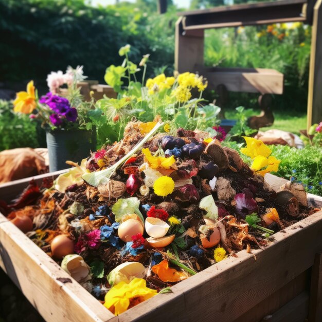 Compostagem de restos de cozinha em uma caixa de compostagem de quintal