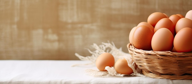 Composto de texto com ovos marrons na cesta Conceito de alimentação saudável e alimentos crus
