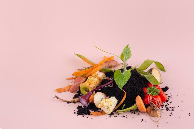 Foto composto de variedad hecho de comida podrida con espacio de copia