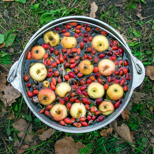 Compota de fruta fresca en una olla al fuego