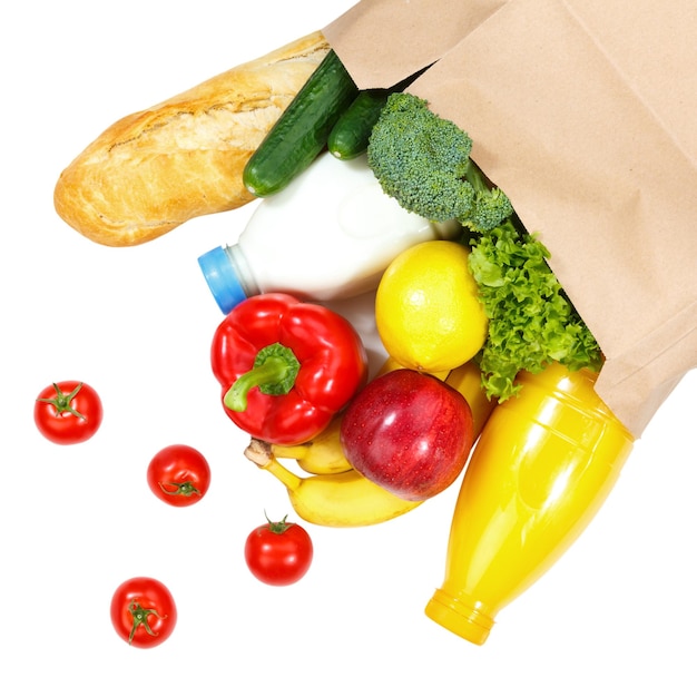 Compra comida compra frutas e legumes quadrados de cima do saco de papel isolado no branco