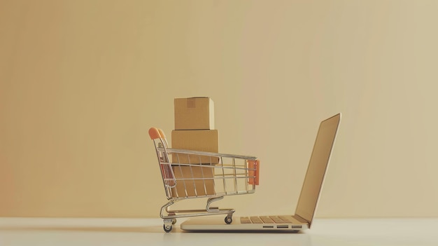 Compra en línea concepto de comercio electrónico cajero y carrito en el teclado de portátil