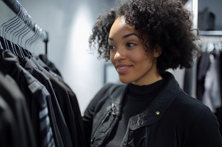 Compra de ropa negra elegante en un entorno de boutique moderno AI generativa