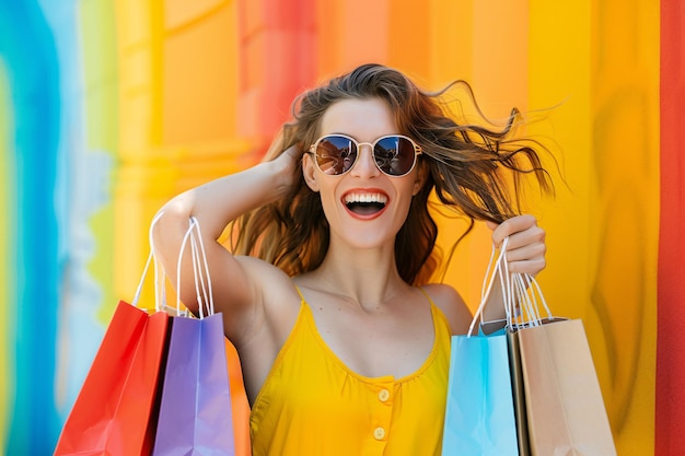 Foto un comprador alegre con bolsas de colores contra un fondo brillante