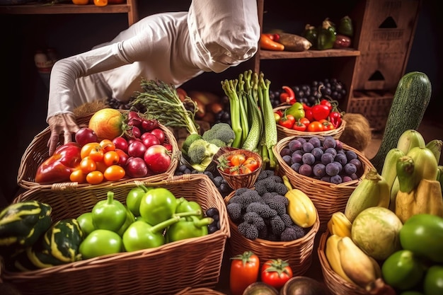 Comprador alienígena escolhendo uma cesta de frutas e vegetais frescos criados com IA generativa