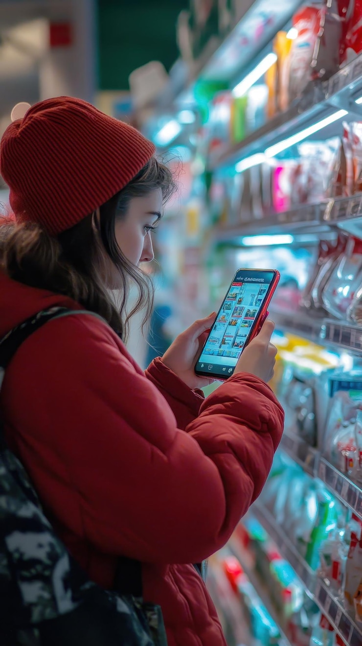Foto el comprador compara precios en línea usando el teléfono inteligente en la tienda