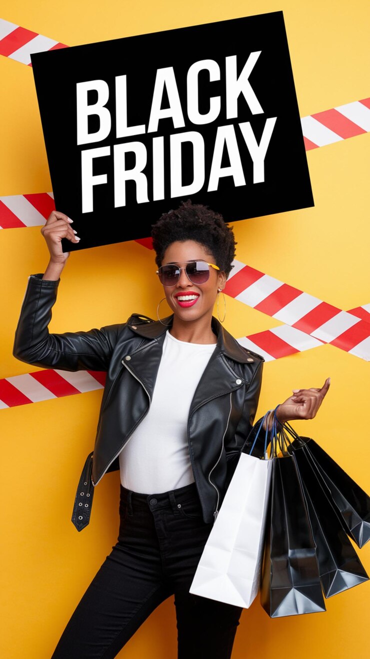 Foto comprador da moda com sinal de black friday e sacos de compras