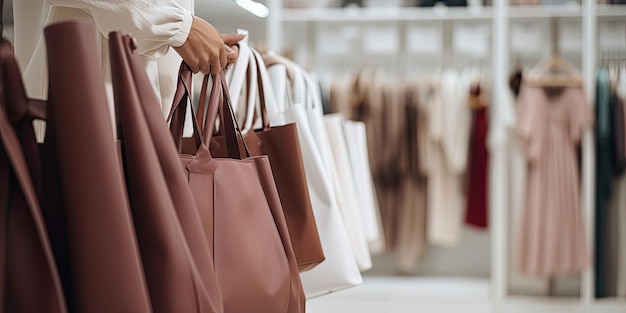 Comprador elegante sosteniendo bolsas de compras cerca de ropa en la sala de exposición