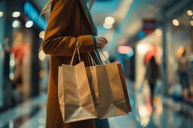 Comprador entusiasta con los brazos llenos de bolsas durante una animada noche en un bullicioso centro comercial AI generativa