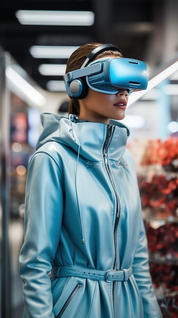 compradora femenina auriculares VR estrategia de sostenibilidad metaverso tecnología de aprendizaje de marca