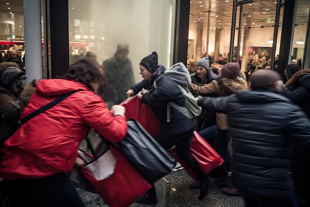 Los compradores se apresuran a agarrar artículos durante un evento de bloqueo de puertas del Viernes Negro Caos de medianoche con los compradores