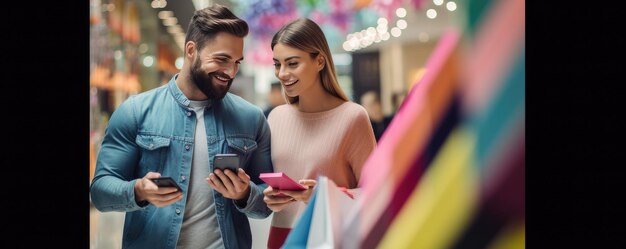 Foto compradores casal de compras segurando sacos de compras coloridos em shopping mall generative ai