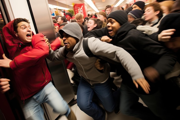 Foto compradores correndo para pegar itens durante um evento de arrombamento de portas da sexta-feira negra caos à meia-noite com compradores